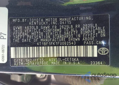 2015 Toyota Camry Se z USA, uszkodzony, nr VIN 4T1BF1FK1FU062543